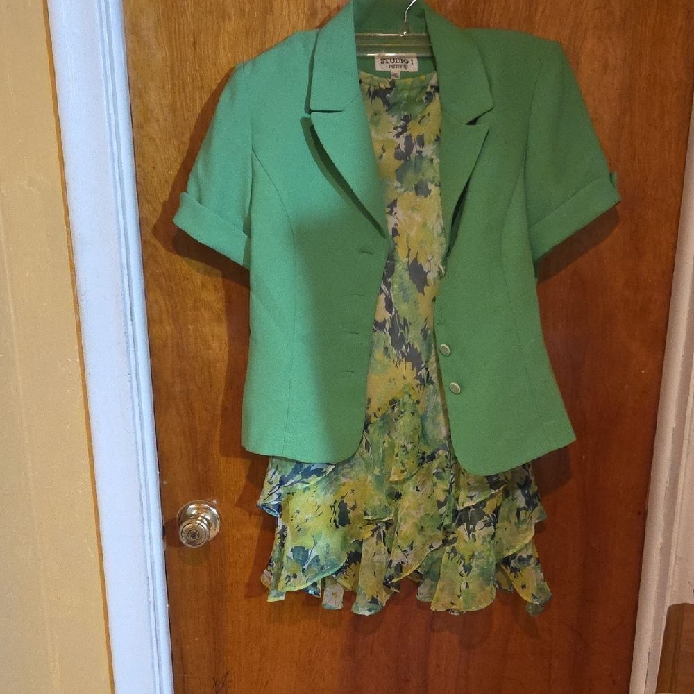 2 Piece Green Ensemble with Floral Skirt